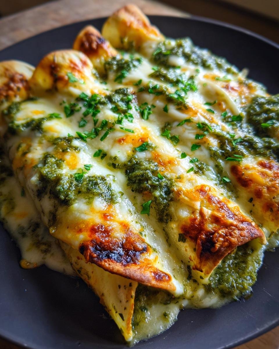 Nahaufnahme von &uuml;berbackenen Easy Creamy Enchiladas Suizas mit geschmolzenem K&auml;se und gr&uuml;ner So&szlig;e.
