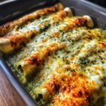 Nahaufnahme von &uuml;berbackenen Easy Creamy Enchiladas Suizas mit geschmolzenem K&auml;se und Kr&auml;utern.