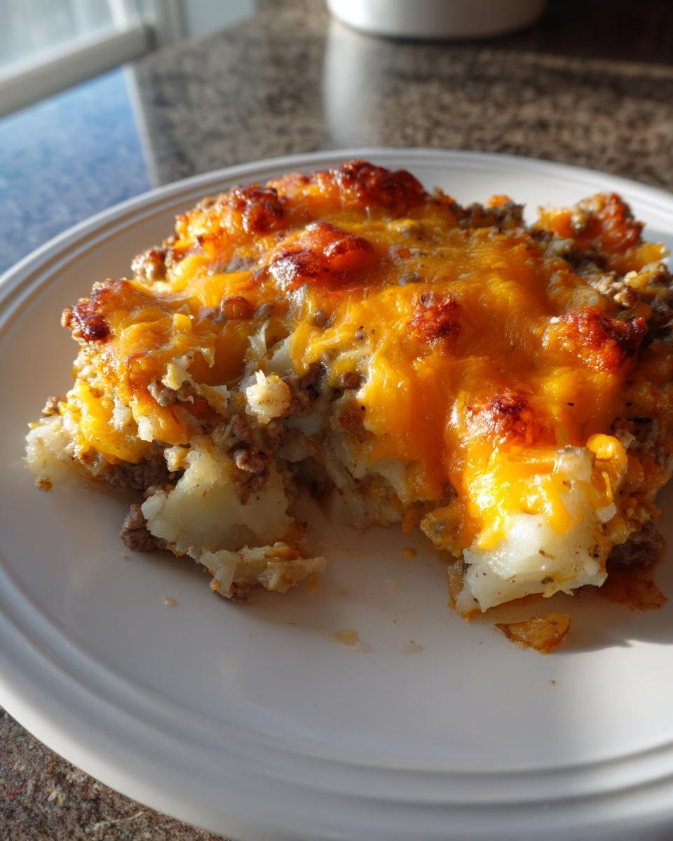 Ein St&uuml;ck Easy Crockpot Hamburger Potato Casserole mit geschmolzenem, goldbraunem K&auml;se auf einem wei&szlig;en Teller.