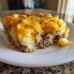 Ein St&uuml;ck Easy Crockpot Hamburger Potato Casserole Rezept mit geschmolzenem K&auml;se und Hackfleischschichten.