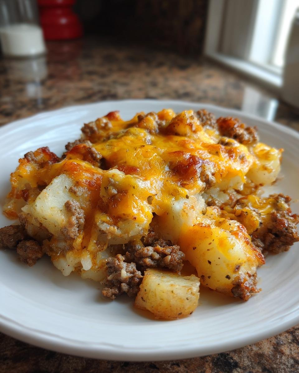 Ein Teller mit einer Portion Easy Crockpot Hamburger Potato Casserole, bedeckt mit geschmolzenem Cheddar-K&auml;se.