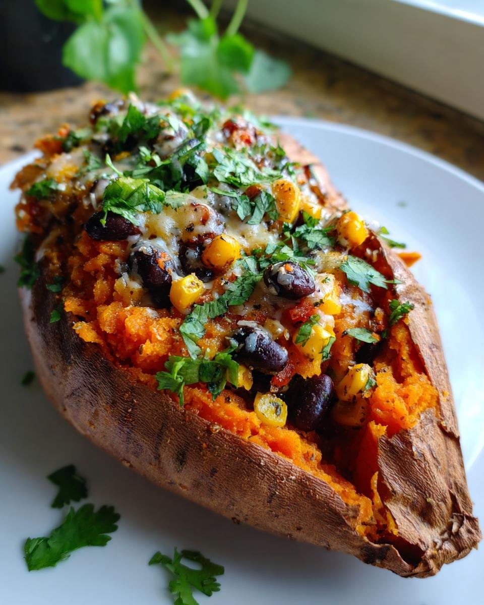 Nahaufnahme einer gef&uuml;llten S&uuml;&szlig;kartoffel mit schwarzen Bohnen, Mais, geschmolzenem K&auml;se und frischer Petersilie &ndash; ein einfaches leckeres Rezept.