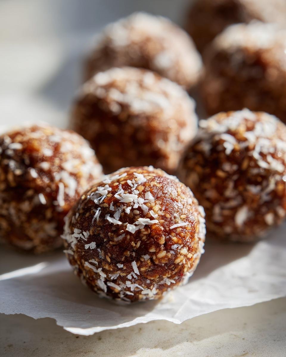 Nahaufnahme von mehreren Easy Energy Balls, die in Kokosraspeln gew&auml;lzt sind und auf wei&szlig;em Papier liegen.