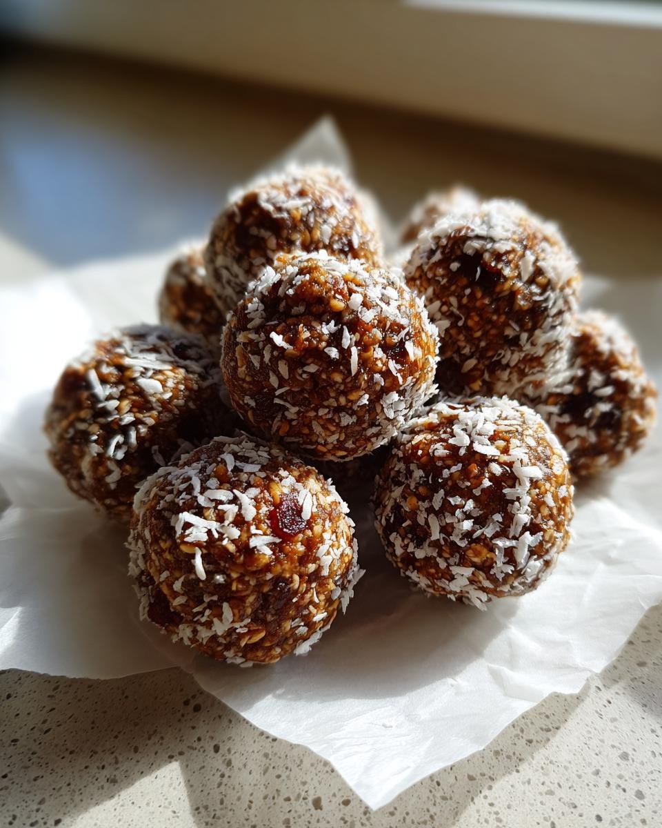 Nahaufnahme von mehreren Easy Energy Balls, die in Kokosraspeln gew&auml;lzt sind und auf Backpapier liegen.