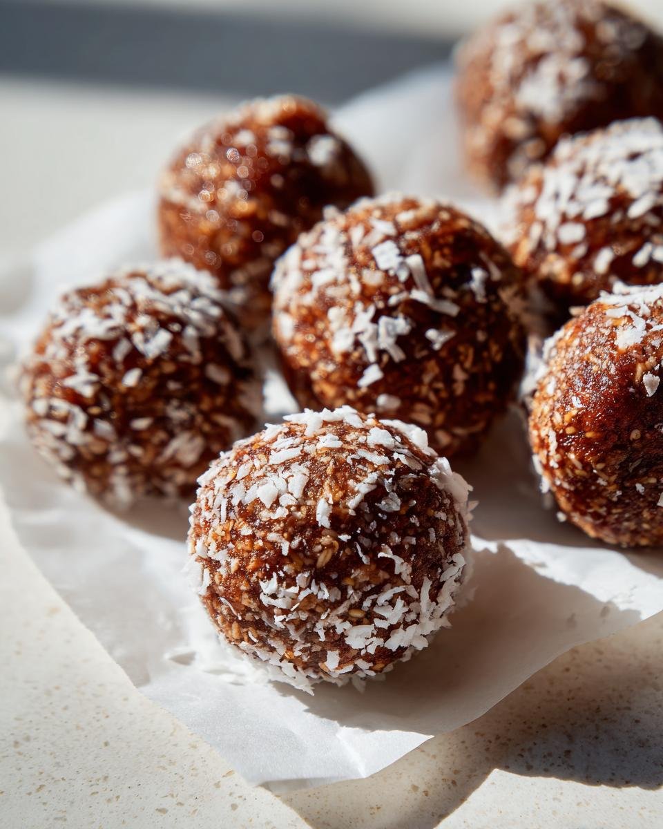 Nahaufnahme von mehreren Easy Energy Balls, die in Kokosraspeln gew&auml;lzt sind und auf Backpapier liegen.