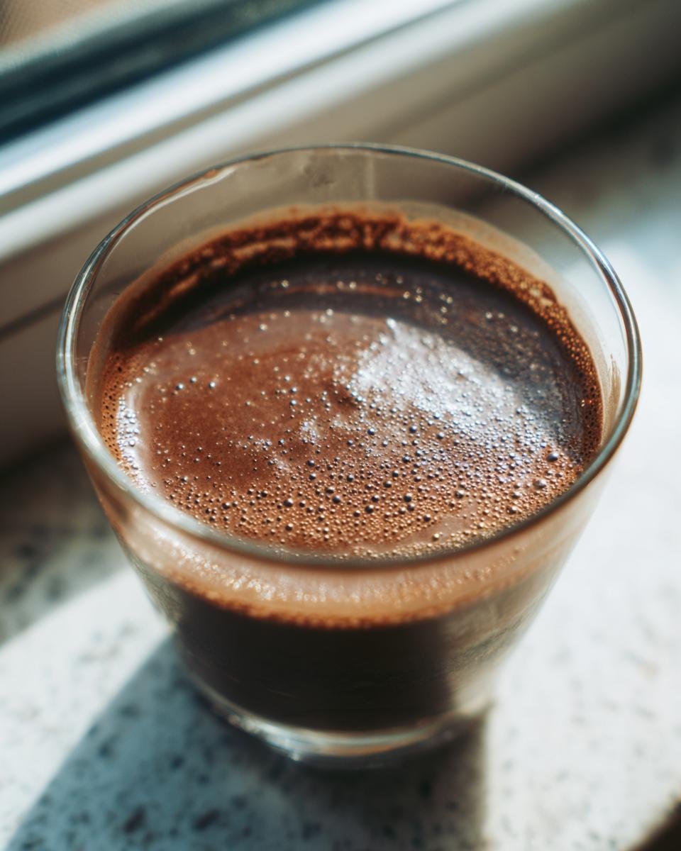 Nahaufnahme von cremigem, selbstgemachtem Schokoladenpudding mit Schaumkrone im Glas.