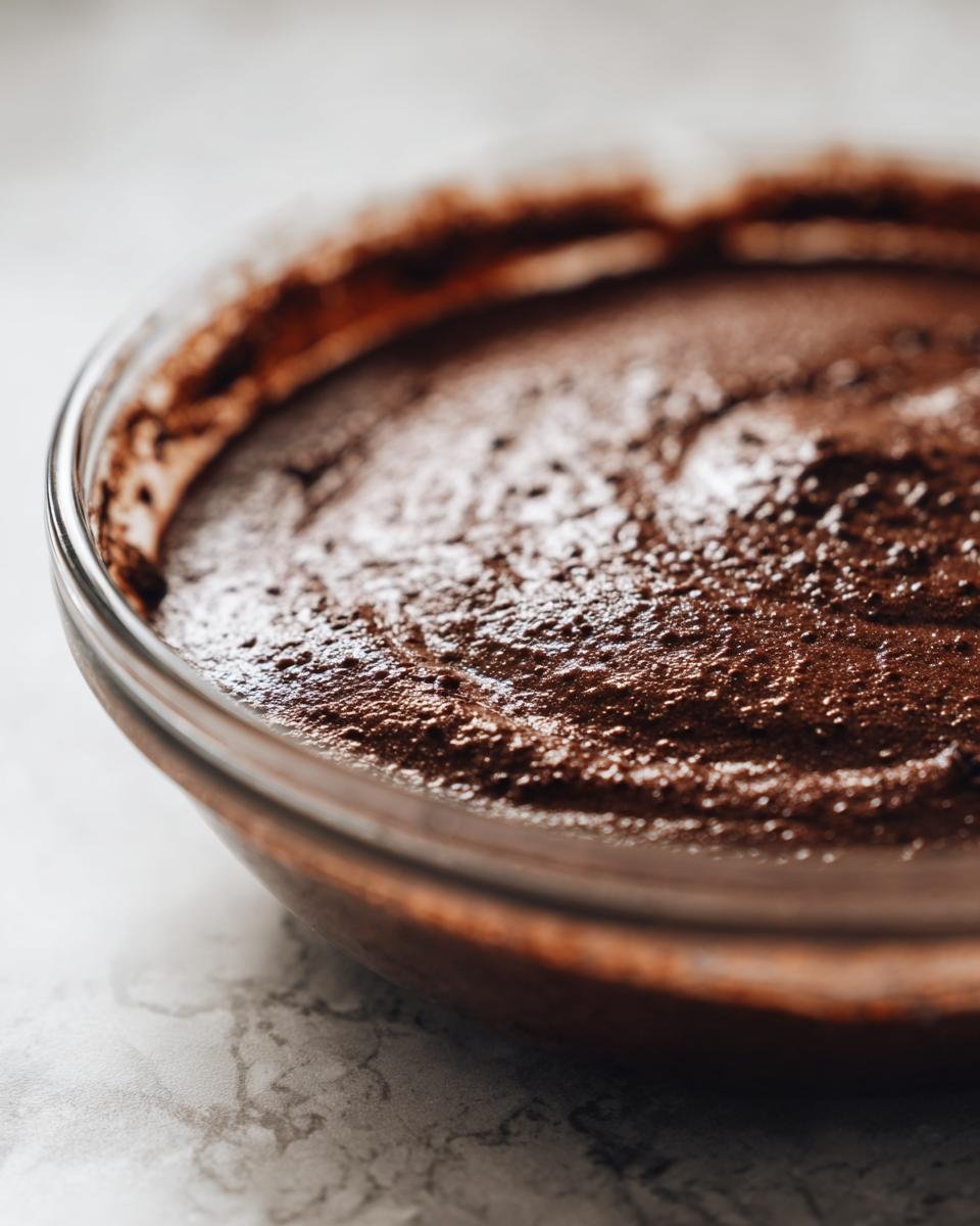 Nahaufnahme der fertigen, gl&auml;nzenden Masse f&uuml;r das Easy Homemade Chocolate Pudding Recipe in einer Glasschale.