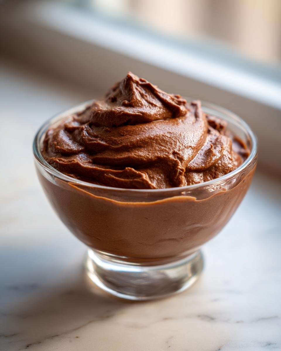 Nahaufnahme von cremigem, selbstgemachtem Schokoladenpudding mit einer kunstvollen Spitze in einem Glas.