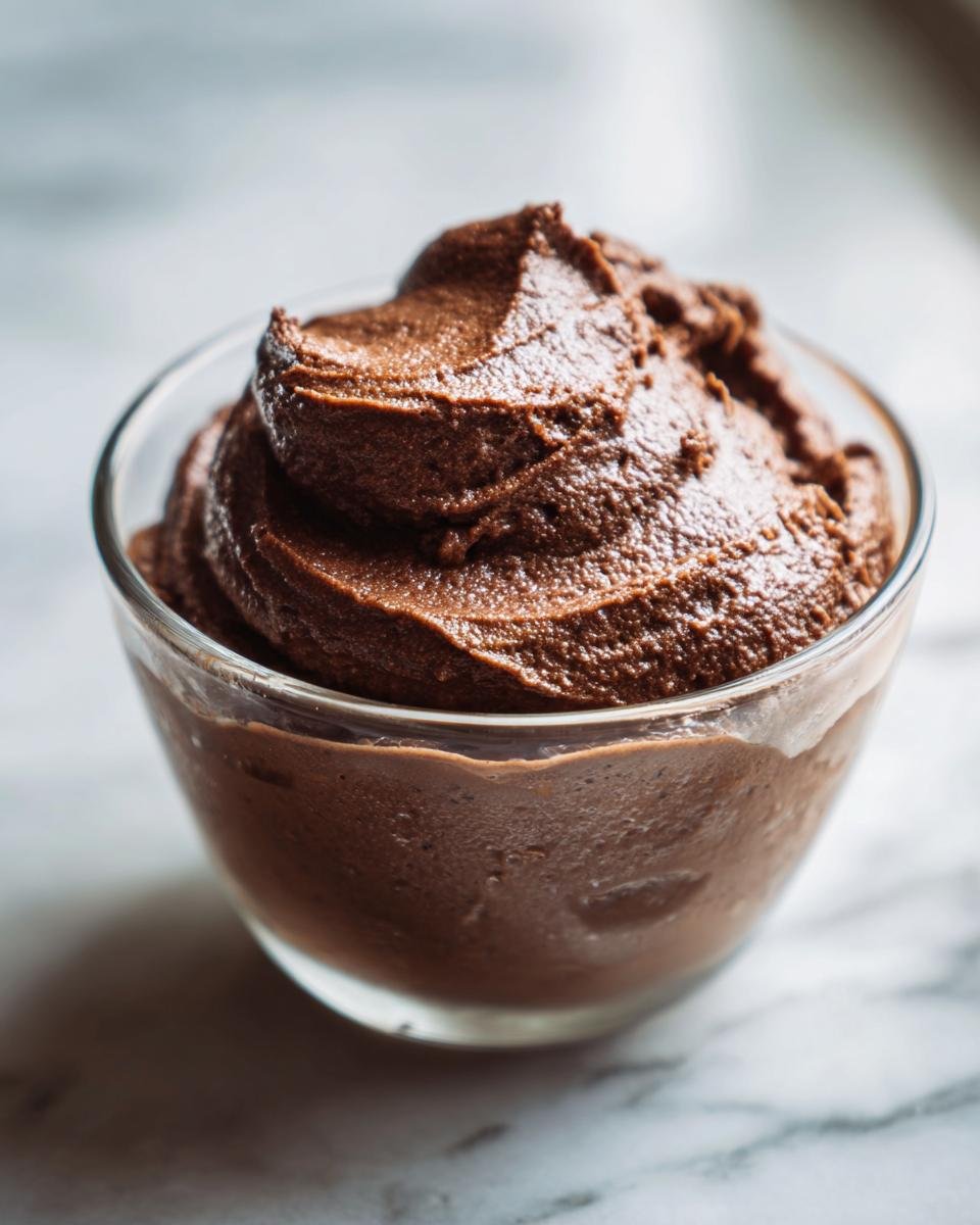 Nahaufnahme von cremigem, selbstgemachtem Schokoladenpudding auf Marmor.