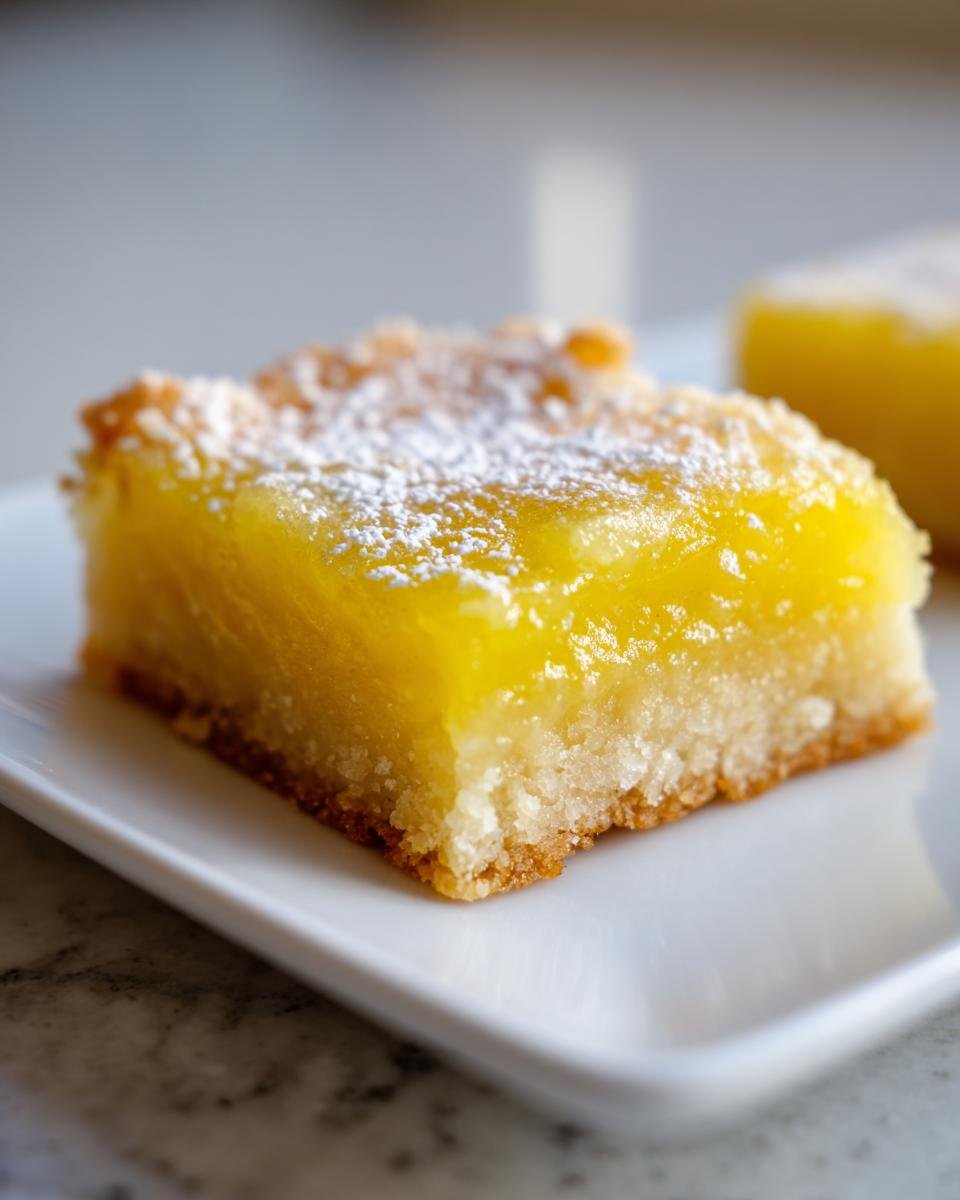 Nahaufnahme eines saftigen St&uuml;cks Easy Lemon Bars mit dicker Zitronenschicht und Puderzucker auf wei&szlig;em Teller.