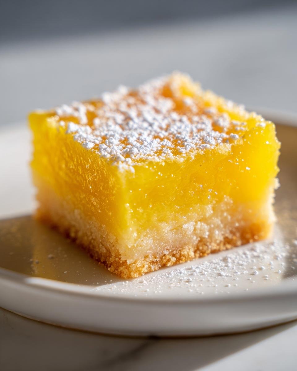 Ein einzelnes, quadratisches St&uuml;ck Easy Lemon Bars mit leuchtend gelber F&uuml;llung und Puderzucker auf einem wei&szlig;en Teller.