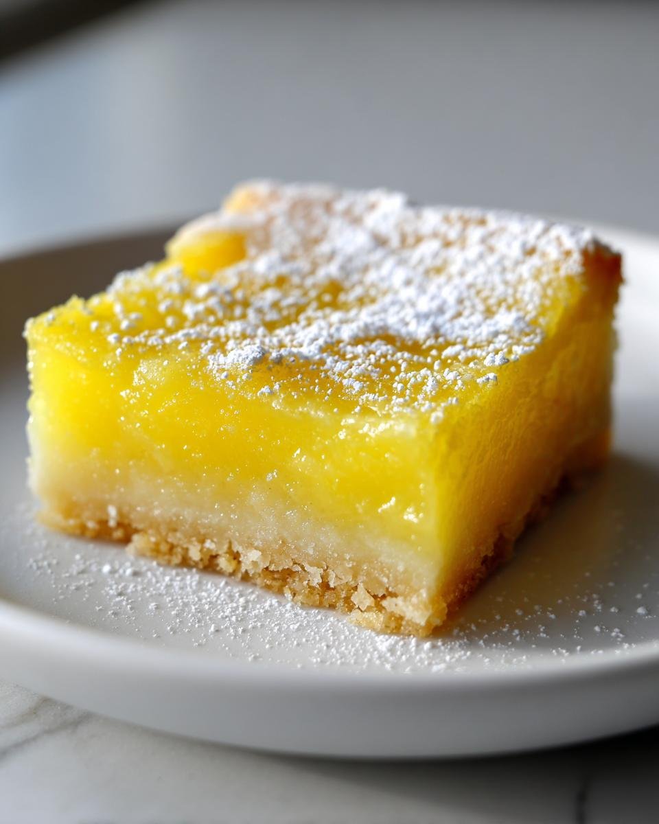 Ein St&uuml;ck saftige Easy Lemon Bars mit dicker Zitronenschicht und M&uuml;rbeteigboden, best&auml;ubt mit Puderzucker.