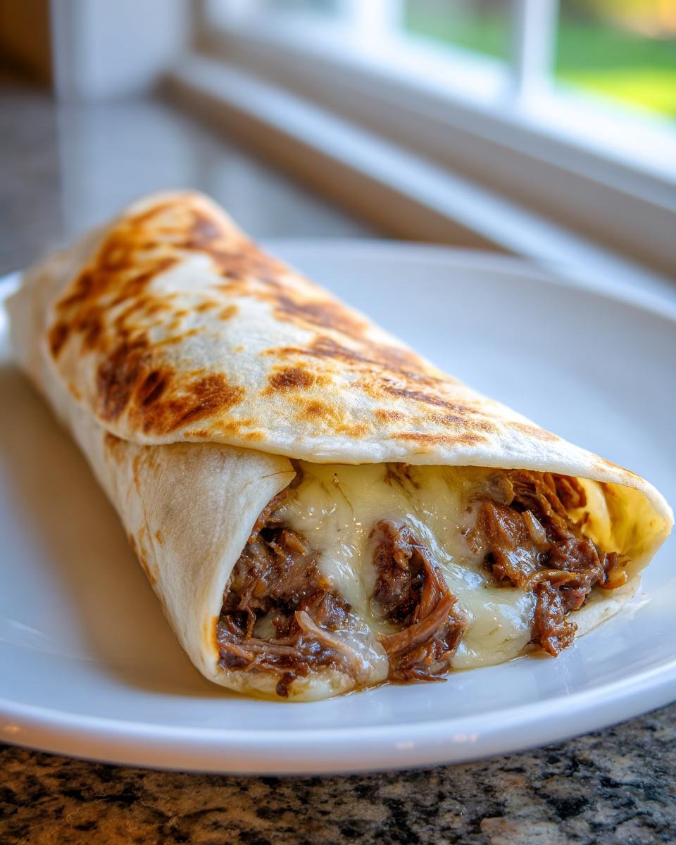 Nahaufnahme eines gebr&auml;unten Tortilla-Wraps gef&uuml;llt mit geschmortem Fleisch und geschmolzenem K&auml;se, typisch f&uuml;r Easy Philly Cheesesteak Roll Ups.