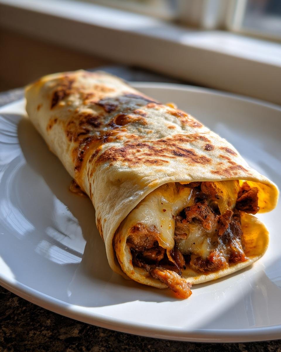Nahaufnahme eines gegrillten Tortilla-Wraps gef&uuml;llt mit Fleisch und geschmolzenem K&auml;se: Easy Philly Cheesesteak Roll Ups.