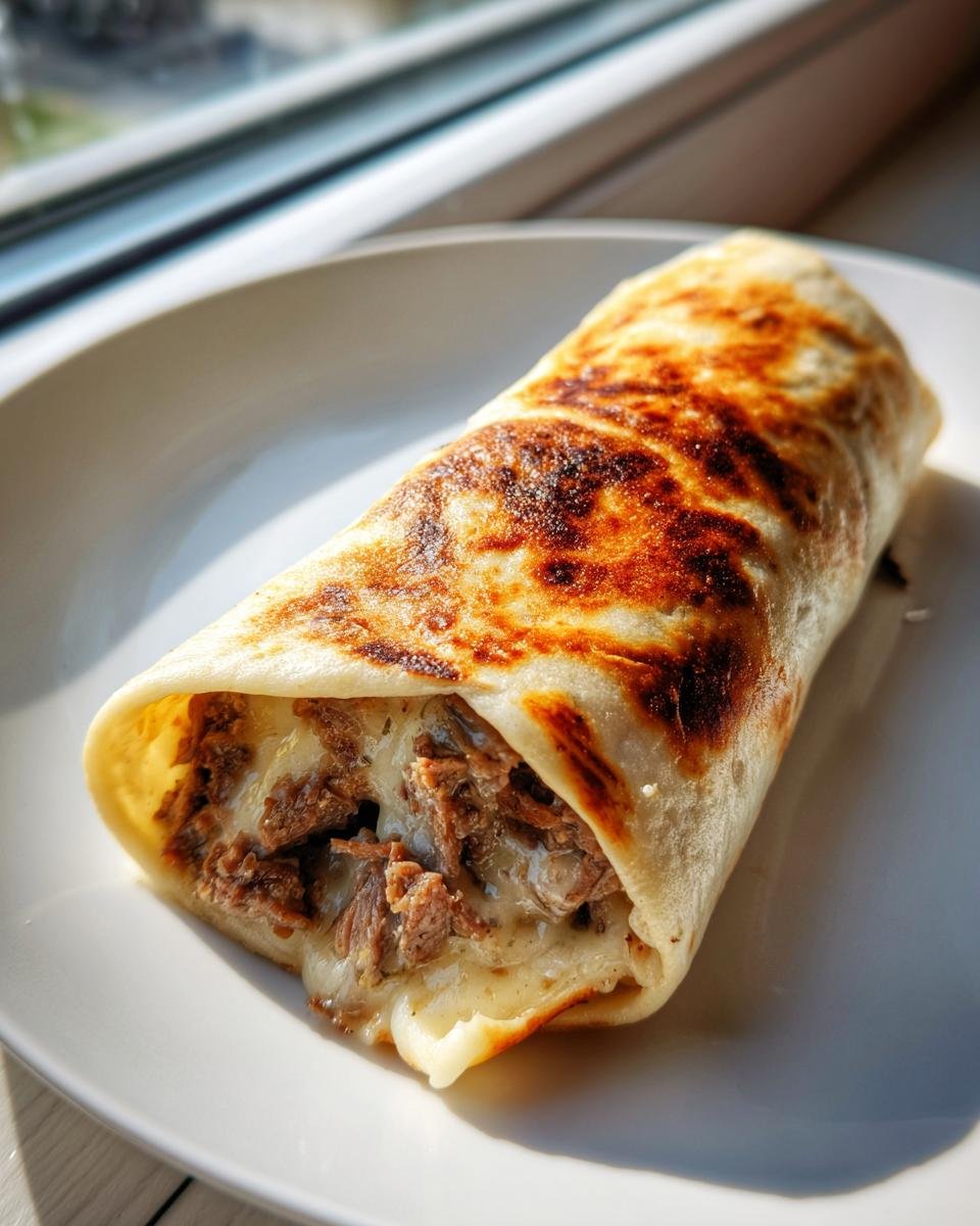 Nahaufnahme eines gebratenen Easy Philly Cheesesteak Roll Ups, gef&uuml;llt mit Fleisch und geschmolzenem K&auml;se.