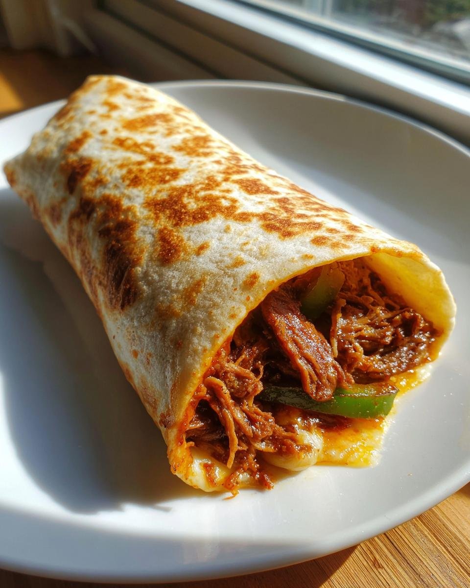 Ein knusprig gebratenes Tortilla-Wrap gef&uuml;llt mit saftigem Fleisch und Paprika, ein Beispiel f&uuml;r Easy Philly Cheesesteak Roll Ups.