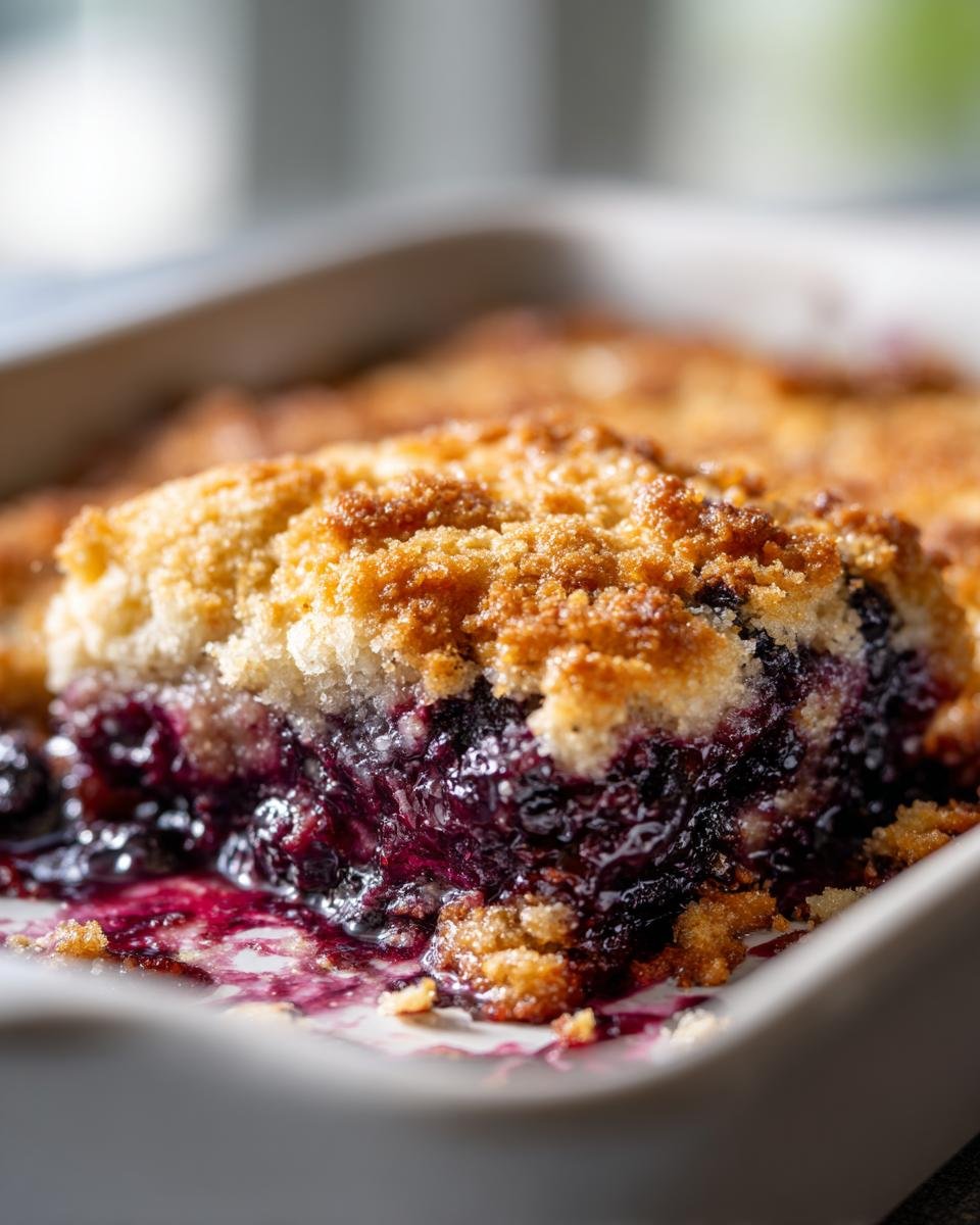 Nahaufnahme eines St&uuml;cks Easy Southern Style Blueberry Cobbler mit goldbrauner Kruste und saftiger Blaubeerf&uuml;llung.