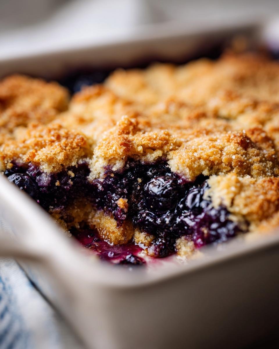 Nahaufnahme eines gebackenen Easy Southern Style Blueberry Cobbler mit goldbrauner Streuseldecke und saftiger Blaubeerf&uuml;llung.
