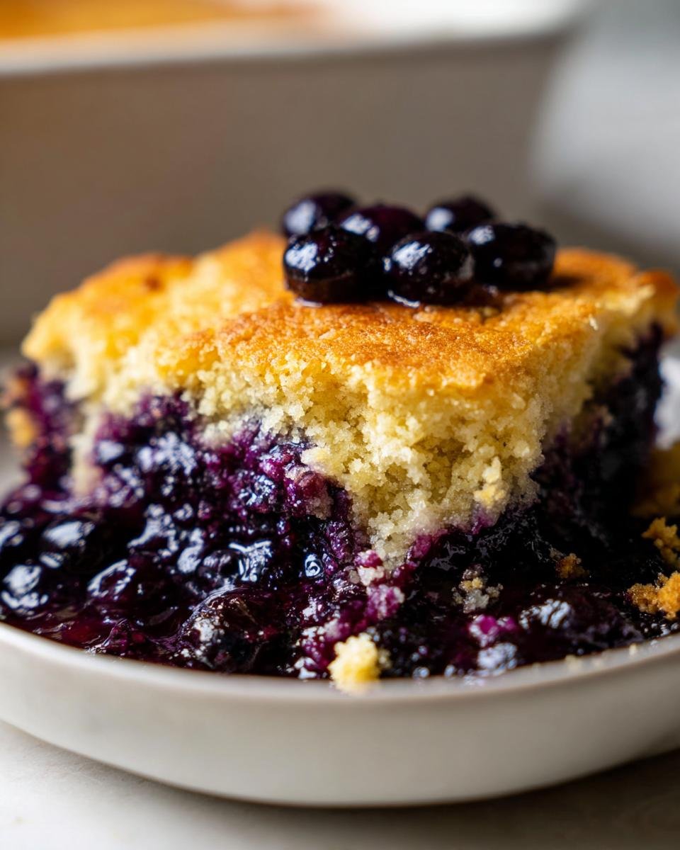 Nahaufnahme eines St&uuml;cks Easy Southern Style Blueberry Cobbler mit goldbrauner Kruste und saftiger Blaubeerf&uuml;llung.