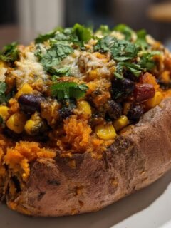 Nahaufnahme einer gef&uuml;llten S&uuml;&szlig;kartoffel mit einer w&uuml;rzigen F&uuml;llung aus Bohnen, Mais, K&auml;se und Koriander &ndash; Easy Delicious Stuffed Sweet Potatoes Recipe.