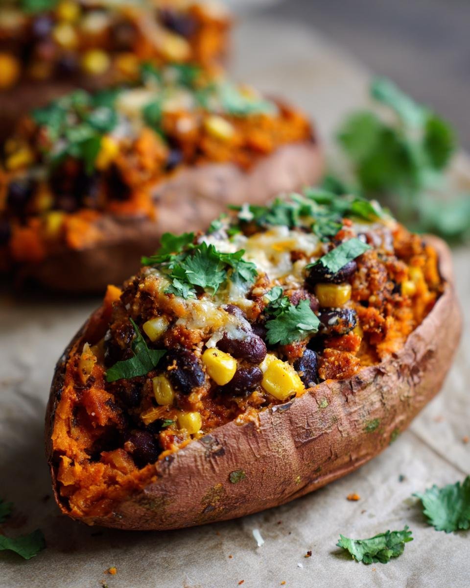 Nahaufnahme einer Easy Delicious Stuffed Sweet Potatoes Recipe mit einer w&uuml;rzigen F&uuml;llung aus schwarzen Bohnen, Mais und K&auml;se, garniert mit Koriander.
