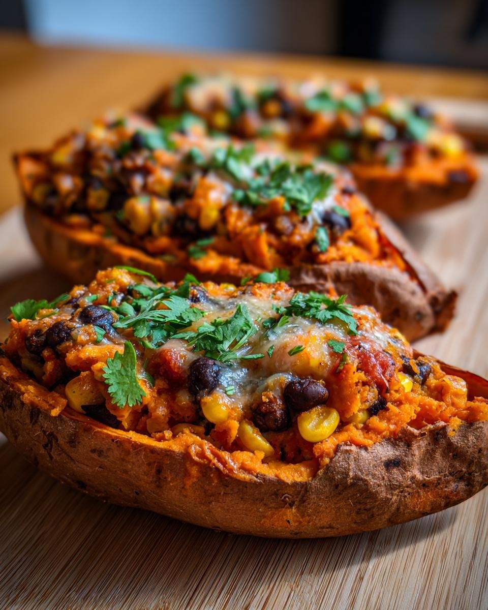 Nahaufnahme einer gef&uuml;llten S&uuml;&szlig;kartoffel mit schwarzen Bohnen, Mais und geschmolzenem K&auml;se, Teil des Easy Delicious Stuffed Sweet Potatoes Recipe.