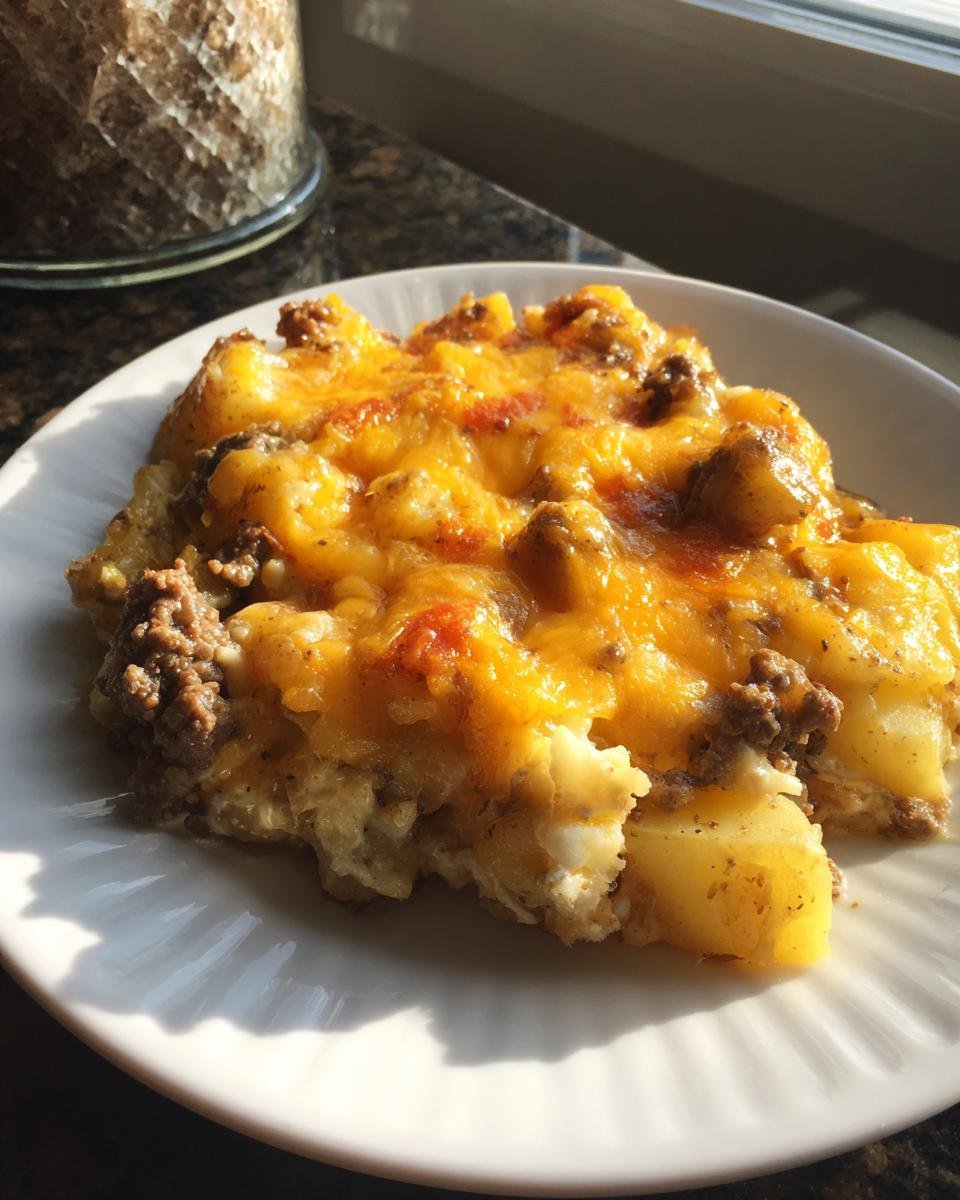 Ein St&uuml;ck einfacher Hackfleisch-Kartoffel-Auflauf aus dem Crockpot mit geschmolzenem K&auml;se auf einem wei&szlig;en Teller.
