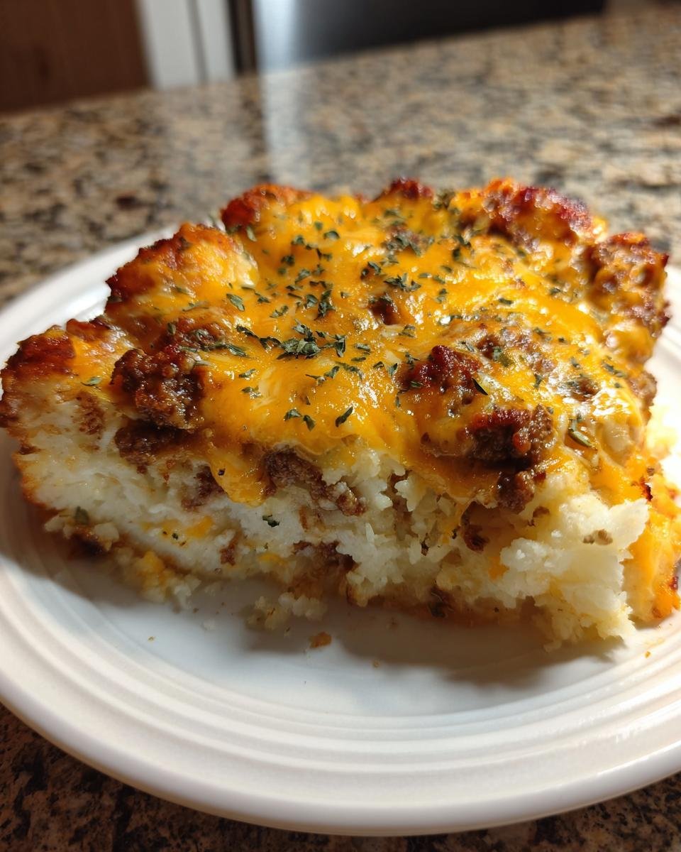 Ein St&uuml;ck Easy Crockpot Hamburger Potato Casserole mit geschmolzenem Cheddar und Petersilie auf einem wei&szlig;en Teller.
