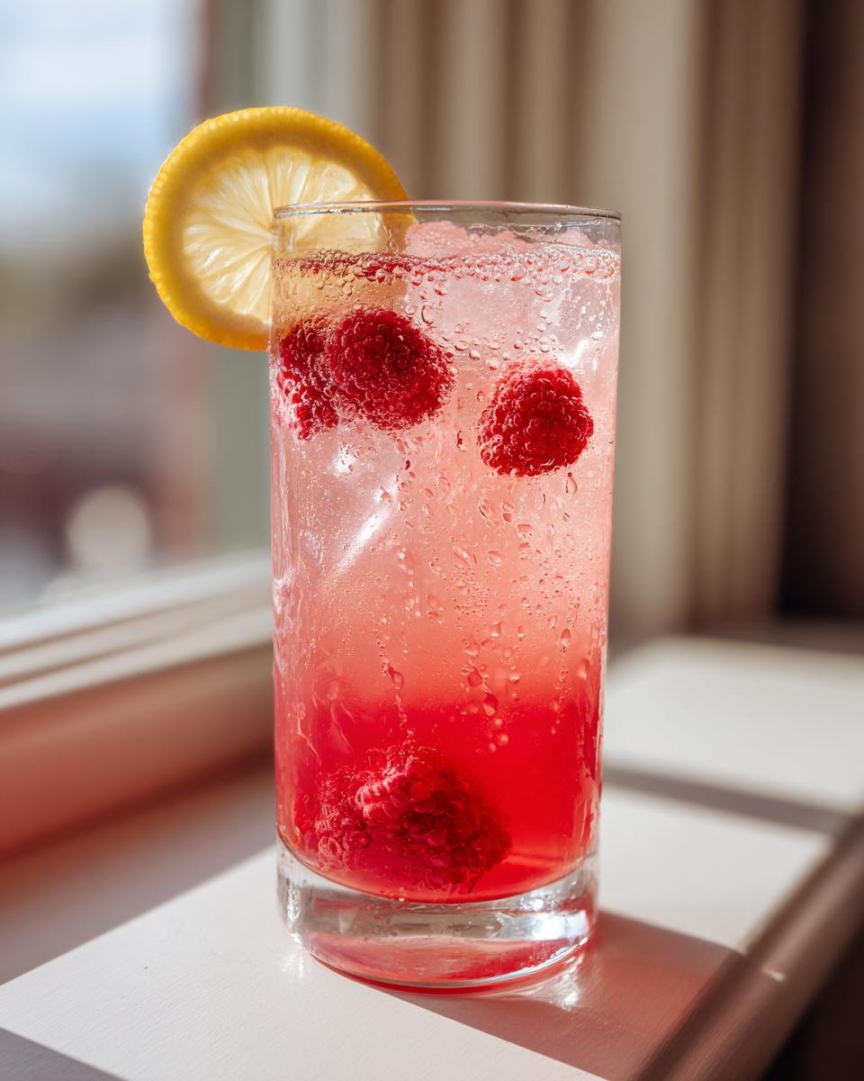 Ein hohes Glas mit erfrischender Himbeer-Limonade, Eisw&uuml;rfeln, Himbeeren und einer Zitronenscheibe.