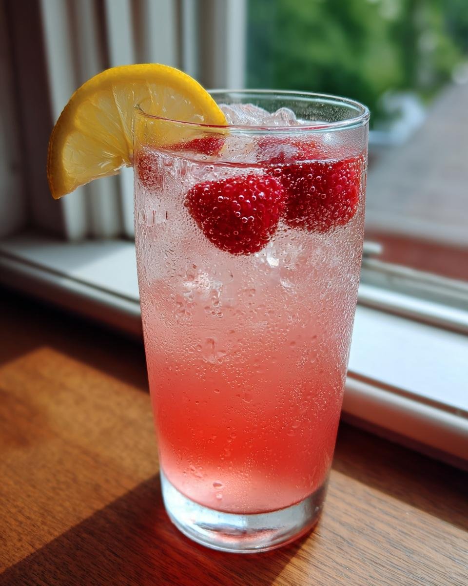 Nahaufnahme eines k&uuml;hlen Glases mit Erfrischende Himbeer-Limonade, gef&uuml;llt mit Eis, Himbeeren und einer Zitronenscheibe.