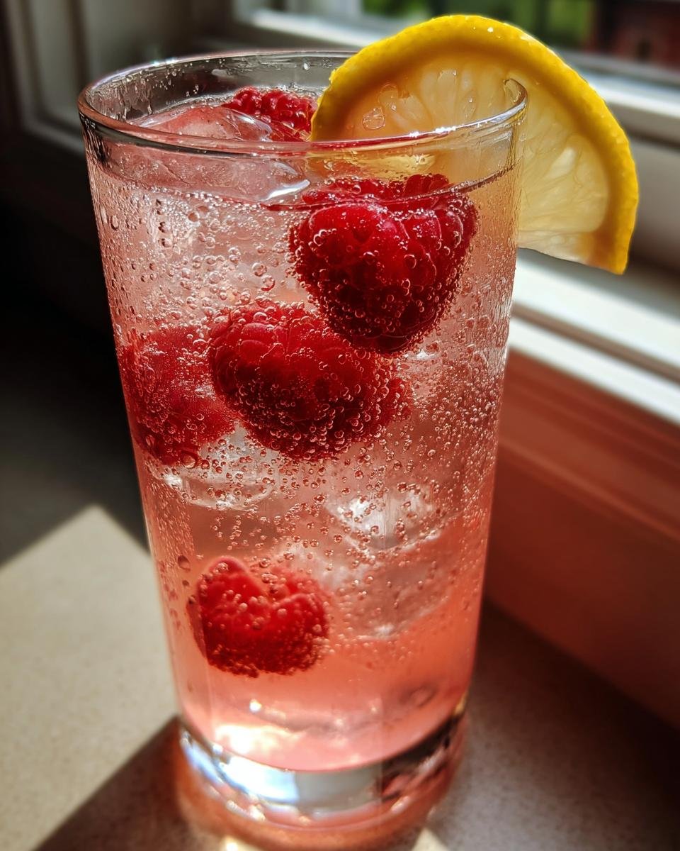 Nahaufnahme eines hohen Glases mit sprudelnder Erfrischende Himbeer-Limonade, gef&uuml;llt mit Himbeeren, Eisw&uuml;rfeln und einer Zitronenscheibe.