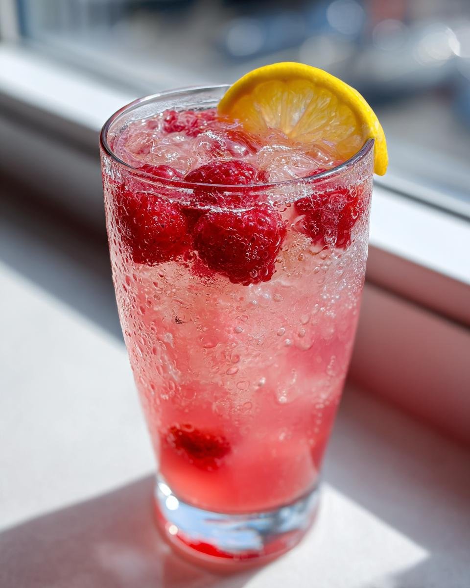 Nahaufnahme eines k&uuml;hlen Glases mit Erfrischende Himbeer-Limonade, gef&uuml;llt mit Eis, Himbeeren und einer Zitronenscheibe.