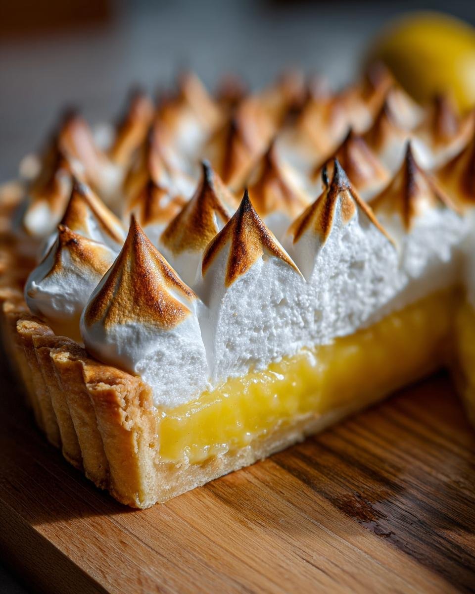 Nahaufnahme eines St&uuml;cks der erfrischenden Zitronen Baiser Torte mit goldbraun getoastetem Baiser und leuchtend gelber F&uuml;llung.