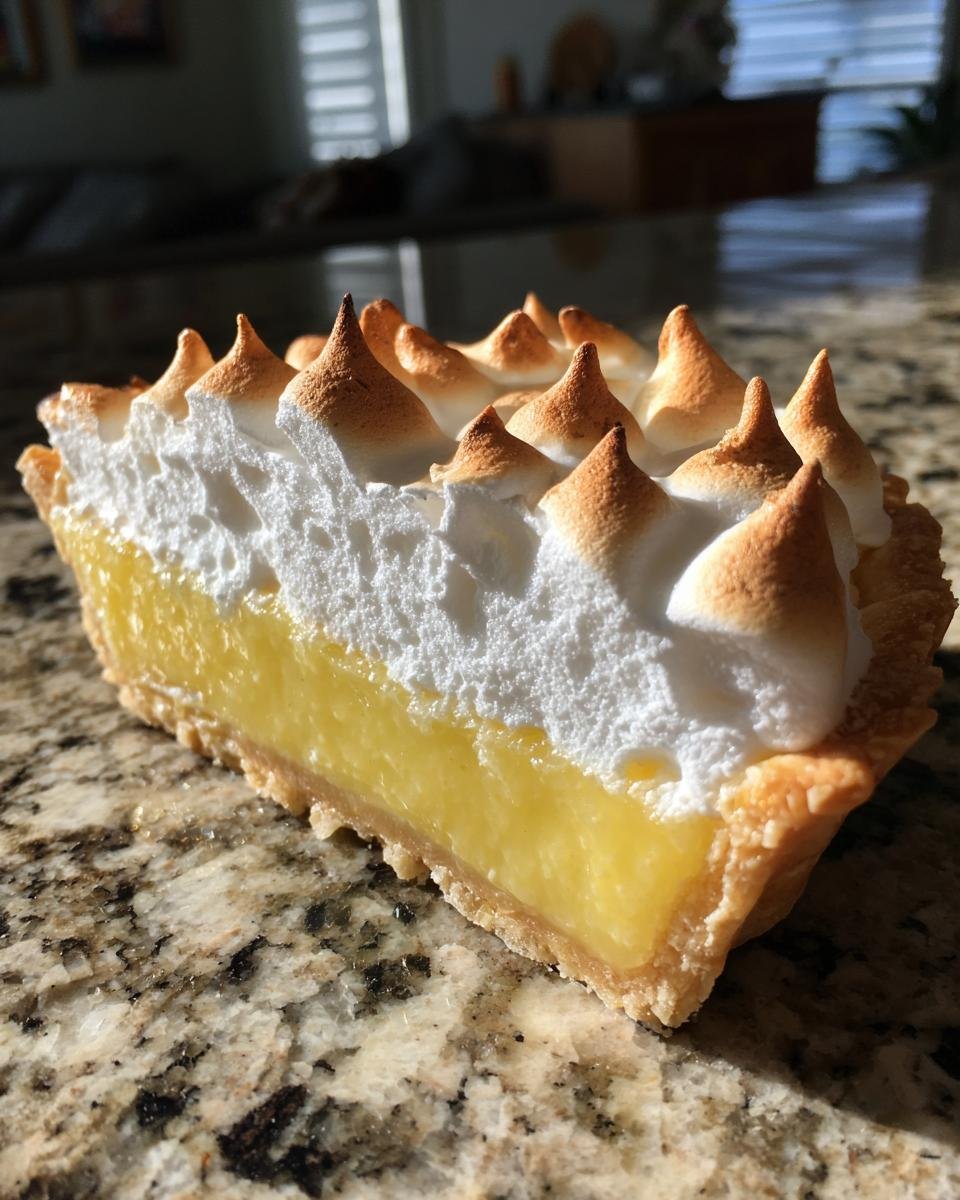 Nahaufnahme eines cremigen St&uuml;cks erfrischende Zitronen-Baiser-Torte mit goldbraun getoastetem Baiser.