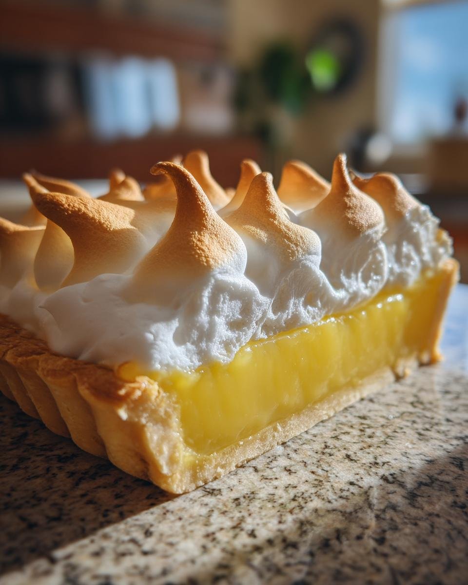 Nahaufnahme eines St&uuml;cks erfrischende Zitronen-Baiser-Torte mit goldbraun getoastetem Baiser.