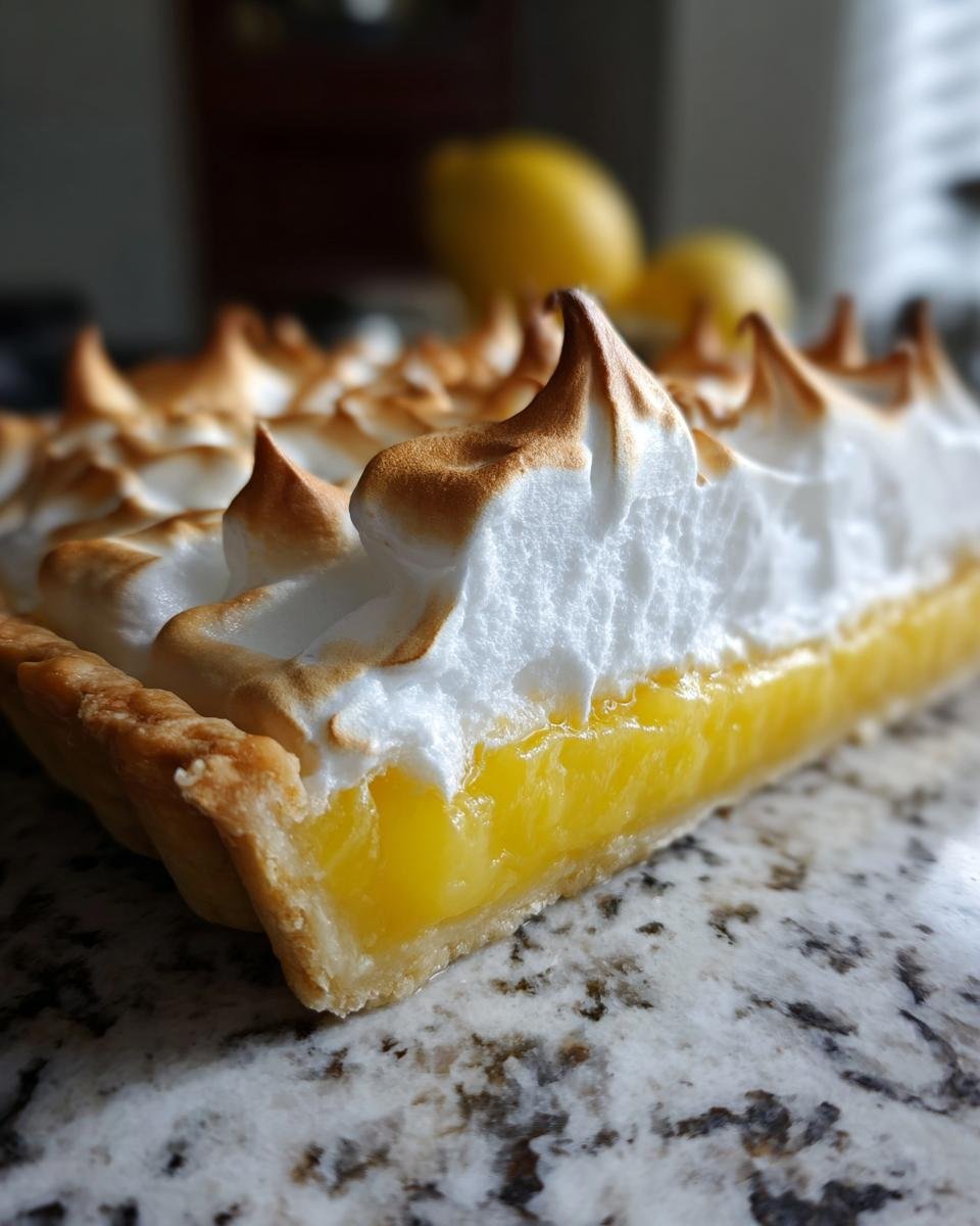 Nahaufnahme eines St&uuml;cks erfrischender Zitronen Baiser Kuchen mit goldbraun getoastetem Baiser und leuchtend gelber F&uuml;llung.