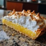 Nahaufnahme eines St&uuml;cks erfrischender Zitronen-Baiser-Kuchen mit dicker, goldbraun getoasteter Baiserschicht.