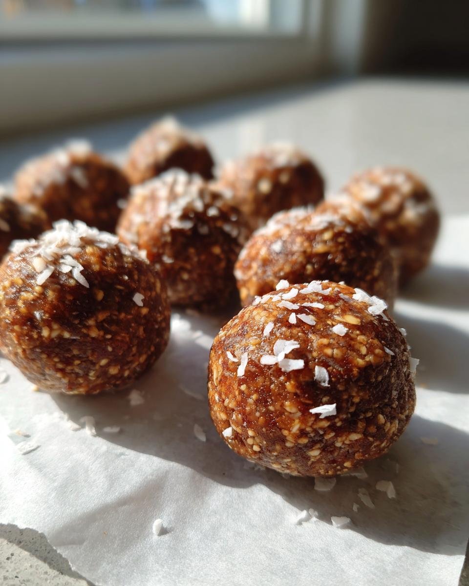 Nahaufnahme von mehreren Easy Energy Balls, bestreut mit wei&szlig;en Kokosraspeln, auf Backpapier.