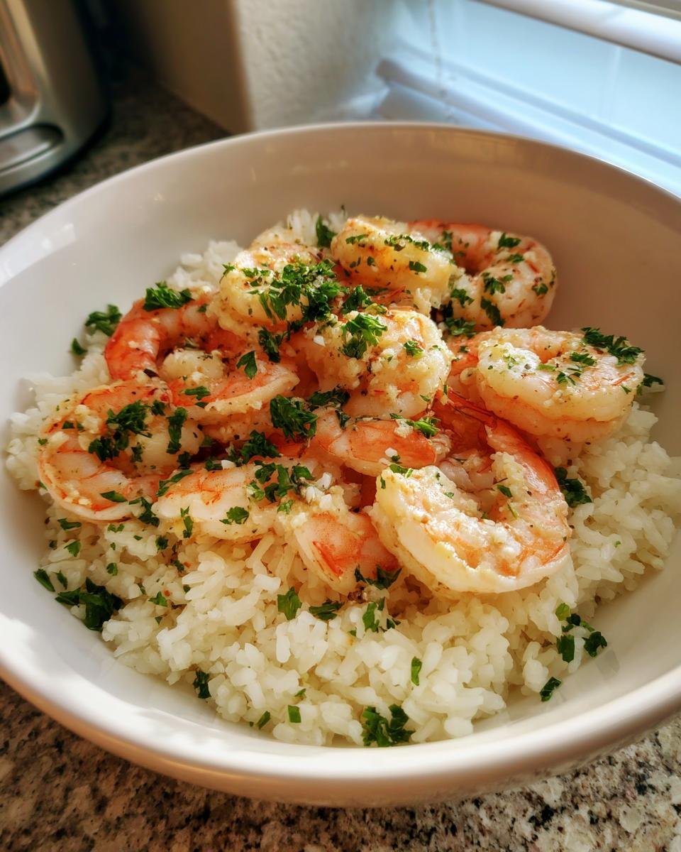 Nahaufnahme einer wei&szlig;en Sch&uuml;ssel mit wei&szlig;em Reis und saftigen Garnelen, garniert mit Petersilie f&uuml;r den Garlic Shrimp Rice Bowl.