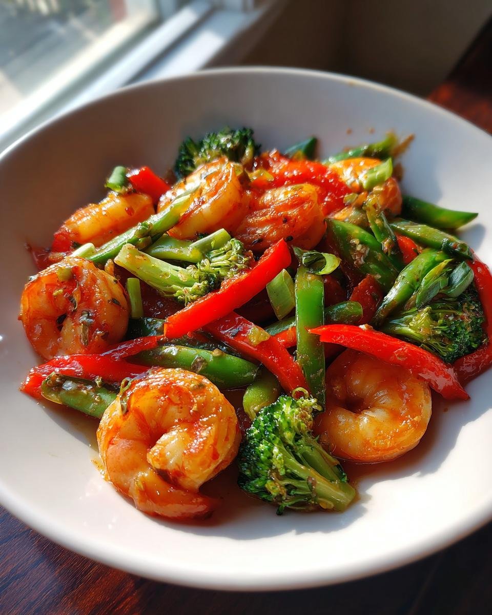 Nahaufnahme eines k&ouml;stlichen Shrimp Stir Fry mit Garnelen, Brokkoli, Zuckerschoten und roter Paprika in einer hellen Schale.