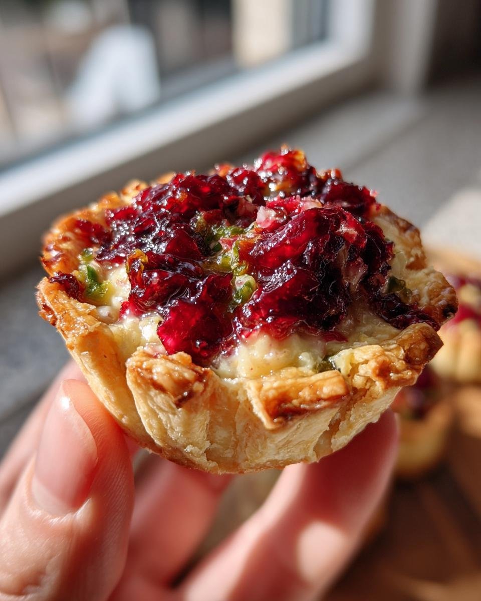 Nahaufnahme eines bl&auml;ttrigen T&ouml;rtchens mit Festive Cranberry Jalapeno Dip Tarts Belag, gehalten in einer Hand.