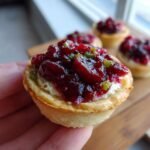 Eine Hand h&auml;lt ein einzelnes, gebackenes T&ouml;rtchen mit cremigem K&auml;se und leuchtend rotem Cranberry Jalapeno Dip.