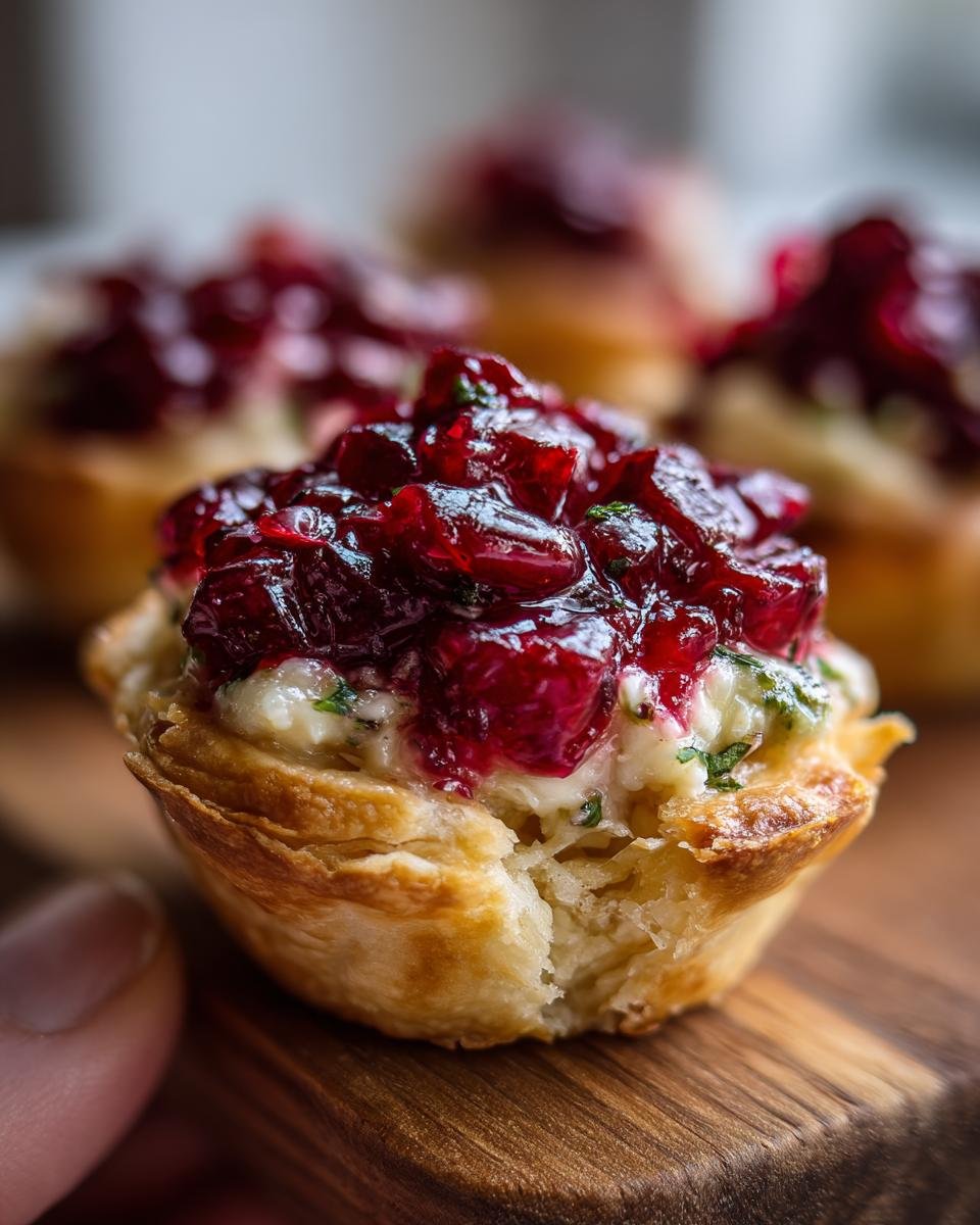 Nahaufnahme eines bl&auml;ttrigen T&ouml;rtchens gef&uuml;llt mit K&auml;se und bedeckt mit leuchtend rotem Cranberry Jalapeno Dip.