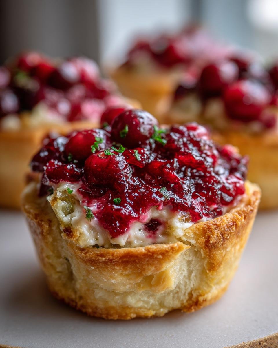 Nahaufnahme einer einzelnen festlichen Cranberry Jalapeno Dip Tarts mit knusprigem Boden und leuchtender Preiselbeer-Topping.