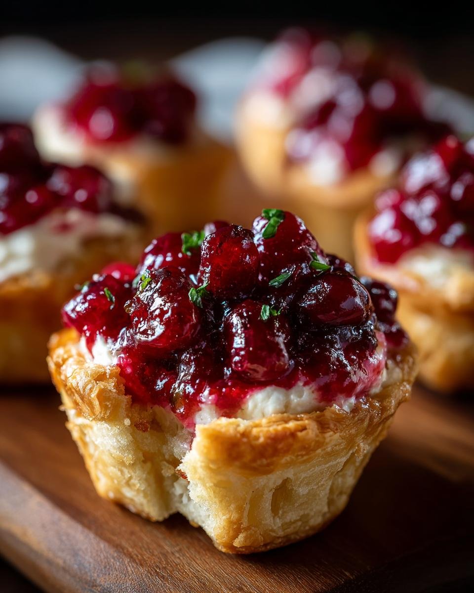 Nahaufnahme eines Bl&auml;tterteigt&ouml;rtchens mit cremiger F&uuml;llung und leuchtend rotem Cranberry Jalapeno Dip.