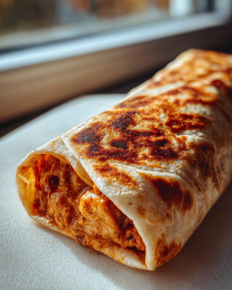 Nahaufnahme eines gebr&auml;unten Burritos, gef&uuml;llt mit w&uuml;rziger Cajun-H&auml;hnchen-Bohnen-Mischung.