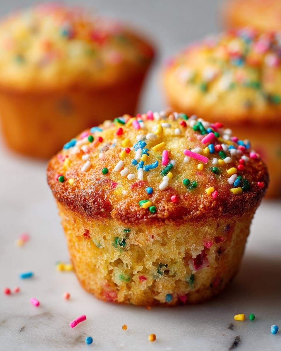 Nahaufnahme eines gebackenen Funfetti Cornbread Muffins, reichlich verziert mit bunten Zuckerstreuseln.