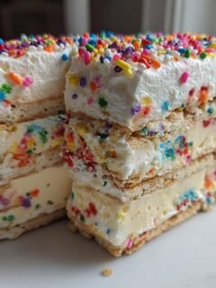 Zwei Stücke Funfetti Icebox Cake mit Schichten aus Keksen, cremiger Füllung und bunten Streuseln.