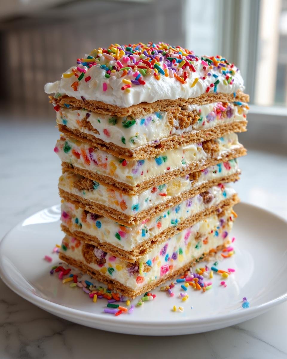 Nahaufnahme eines gestapelten Funfetti Icebox Cake mit bunten Streuseln und Keksboden auf einem wei&szlig;en Teller.