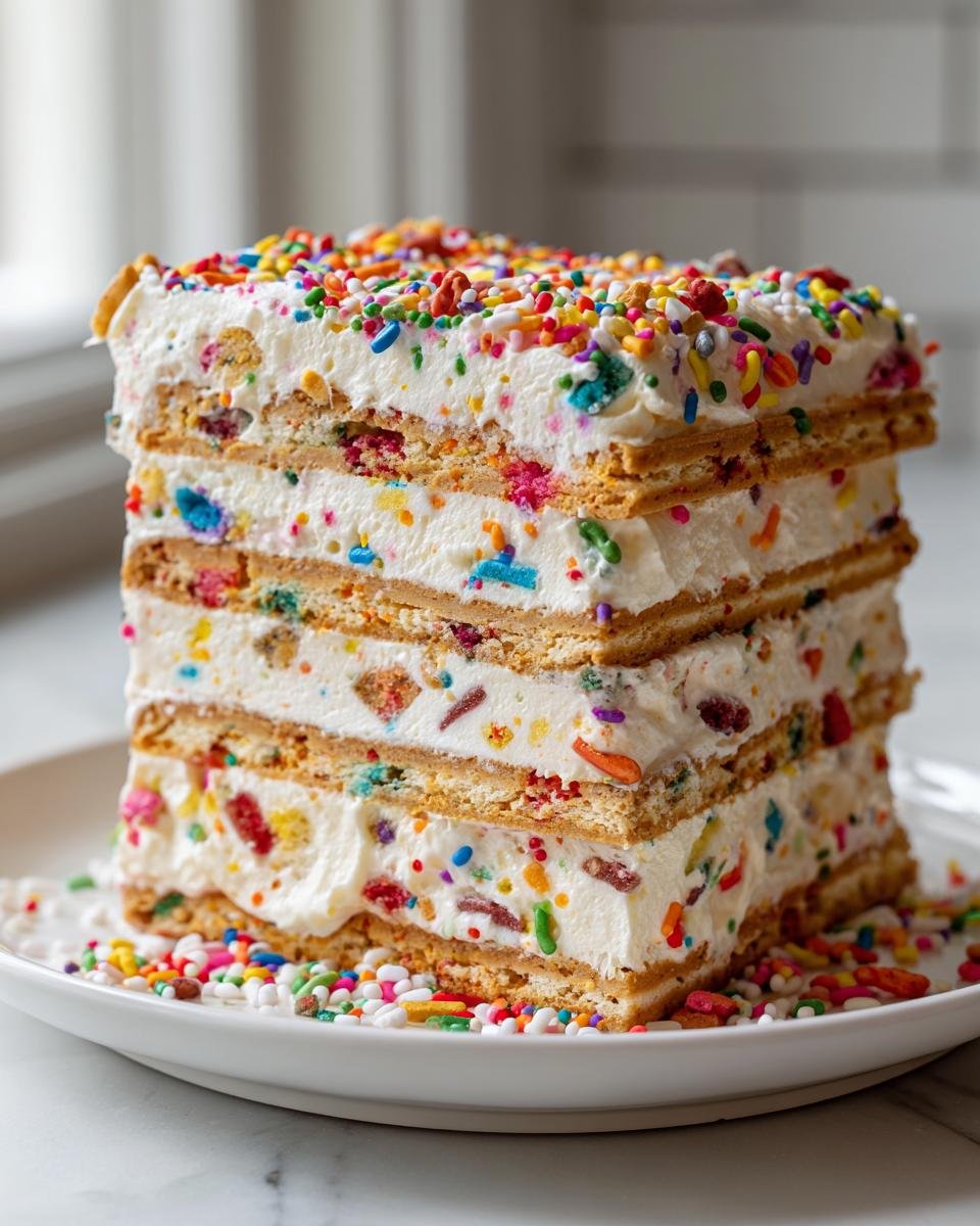 Nahaufnahme eines hohen Schichtst&uuml;cks Funfetti Icebox Cake mit Keksschichten und cremiger F&uuml;llung, bedeckt mit bunten Streuseln.